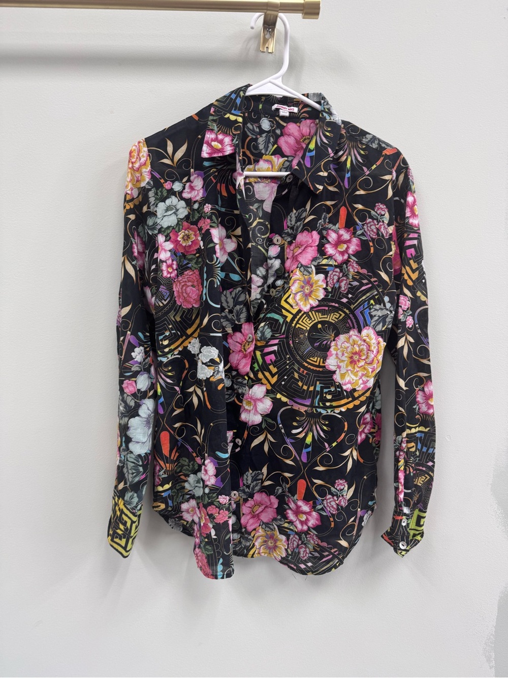 Johnny Was Black Floral Button-Up with Pink & Yellow Blooms